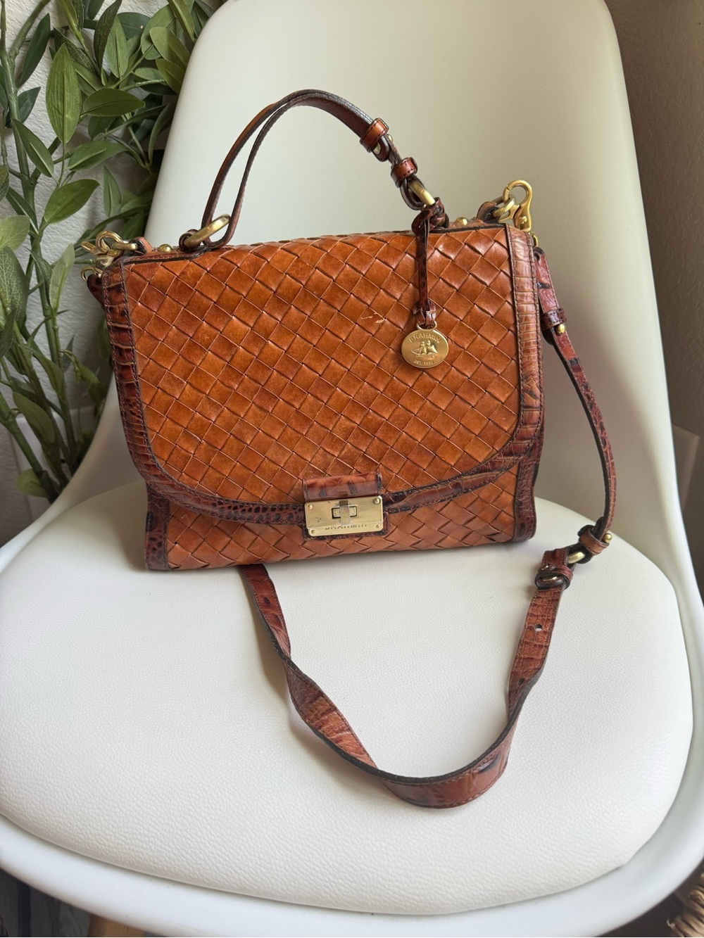 Brahmin Debi Pecan Melbourne Brown Leather Woven Satchel Crossbody Bag